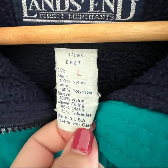 Vintage 90s Lands' End Fleece Lined Jacket Teal Navy Blue Pockets Winter Size L - Picture 5 of 16